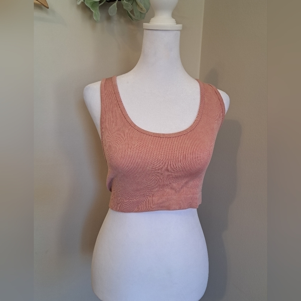 Ribbed High Neck Tank Top Pink Size M